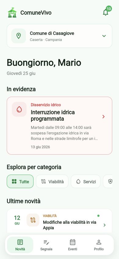 Schermata principale dell'app ComuneVivo con avvisi ed eventi del Comune